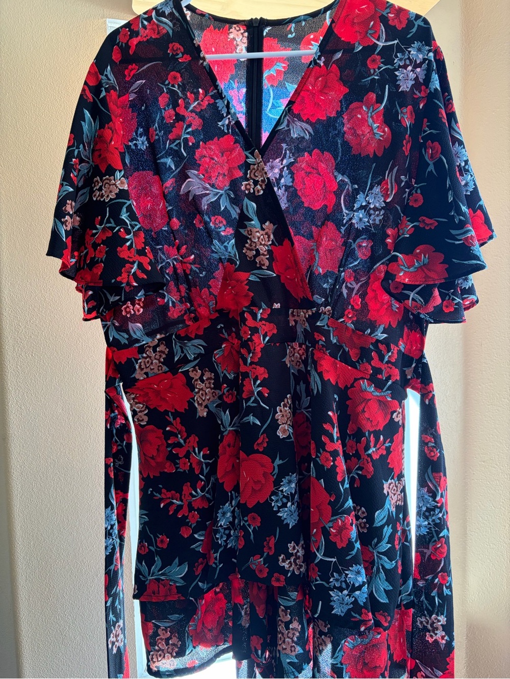 Black Floral Wrap Short Romper with Red Roses